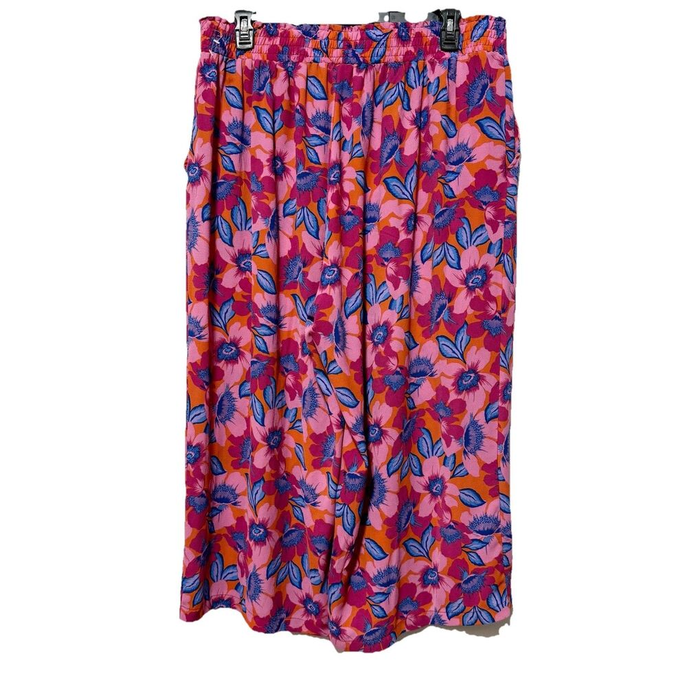 Rose + Olive Floral Wide Leg Cropped Pants Size 2X Pull On Pink Orange Blue - Picture 2 of 12